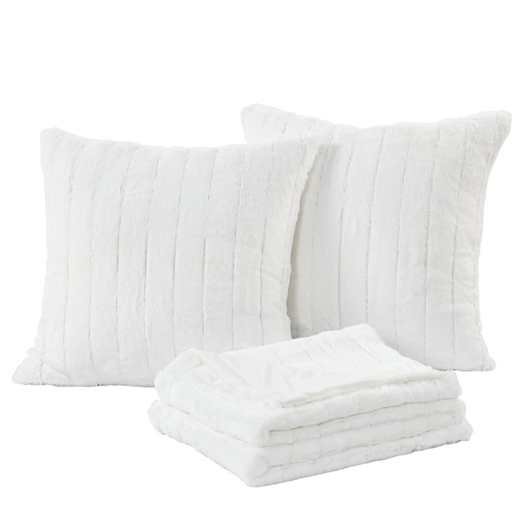 Bright White Faux Fur Reversible Throw Blanket and Pillow Set