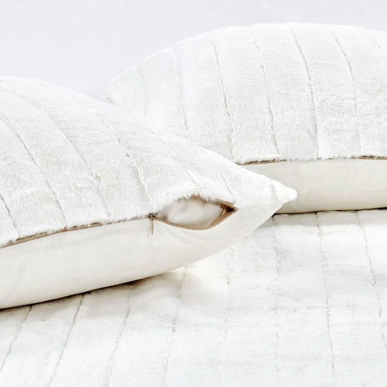 Bright White Faux Fur Reversible Throw Blanket and Pillow Set