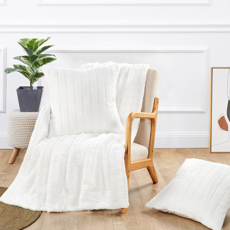 Bright White Faux Fur Reversible Throw Blanket and Pillow Set