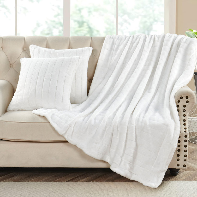 Bright White Faux Fur Reversible Throw Blanket and Pillow Set