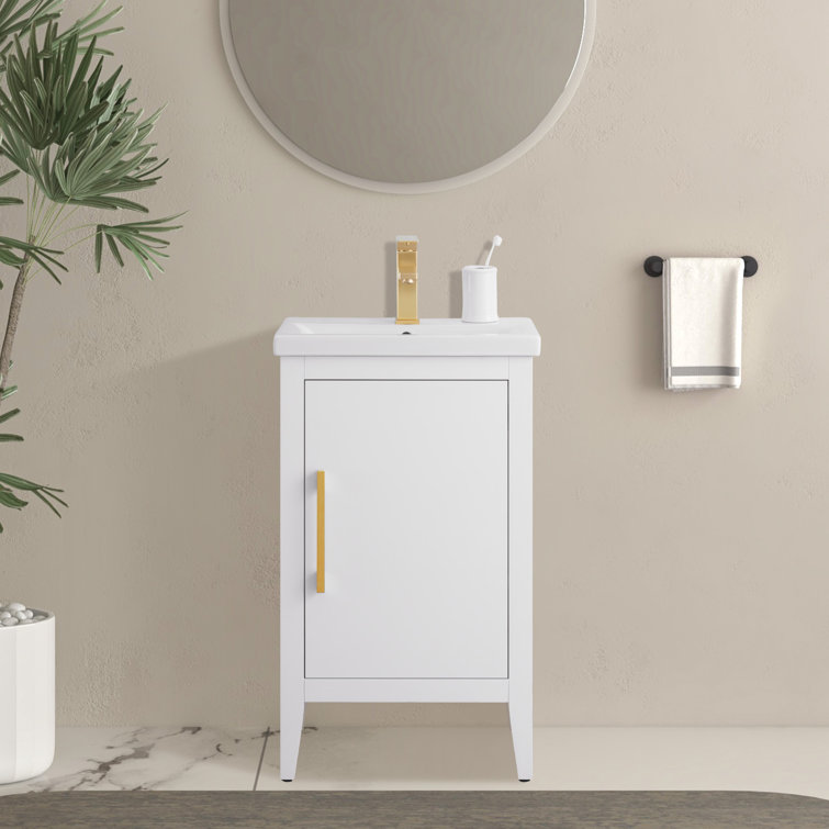 White and Golden Brushed Single Bathroom Vanity with Ceramic Top