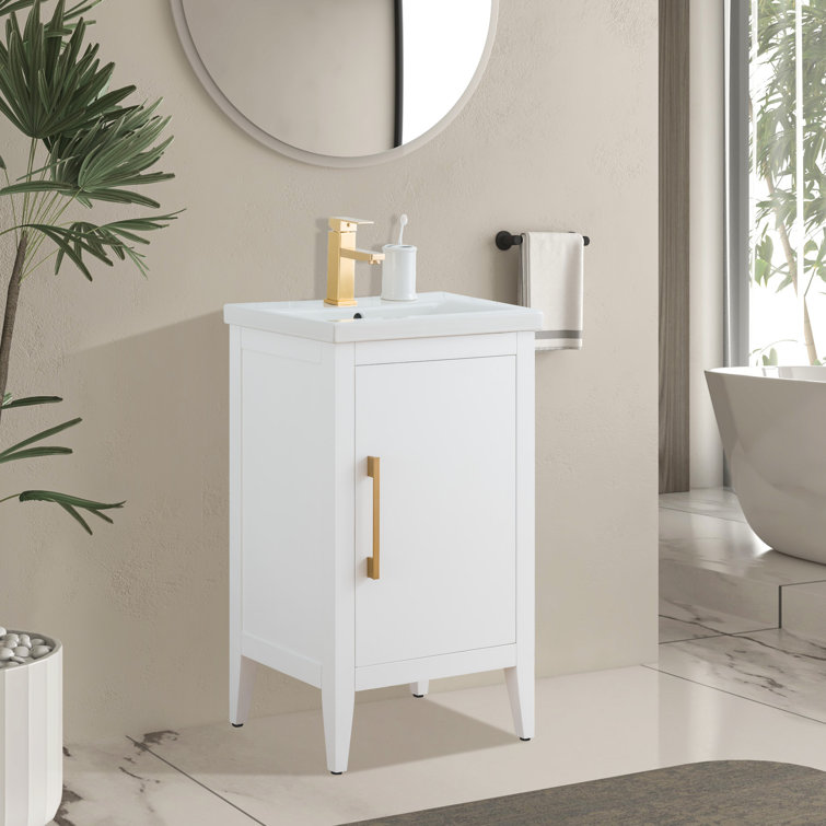 White and Golden Brushed Single Bathroom Vanity with Ceramic Top