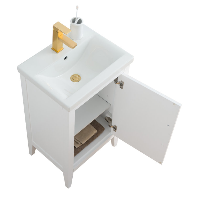 White and Golden Brushed Single Bathroom Vanity with Ceramic Top