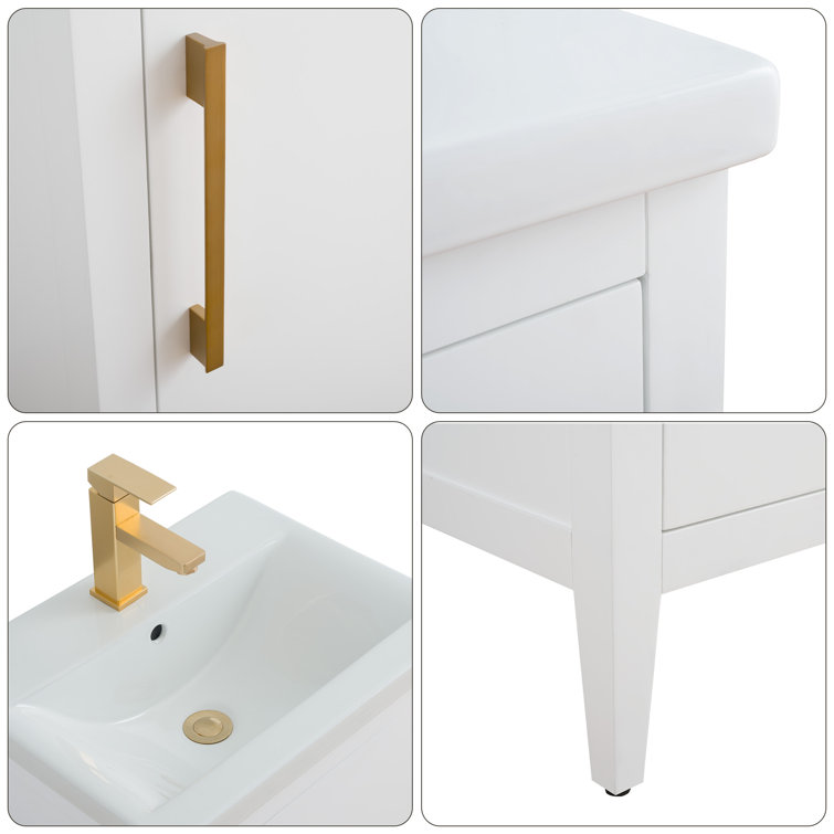 White and Golden Brushed Single Bathroom Vanity with Ceramic Top