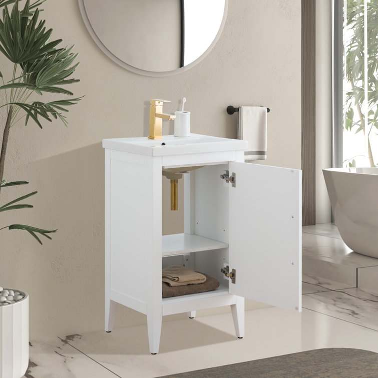 White and Golden Brushed Single Bathroom Vanity with Ceramic Top