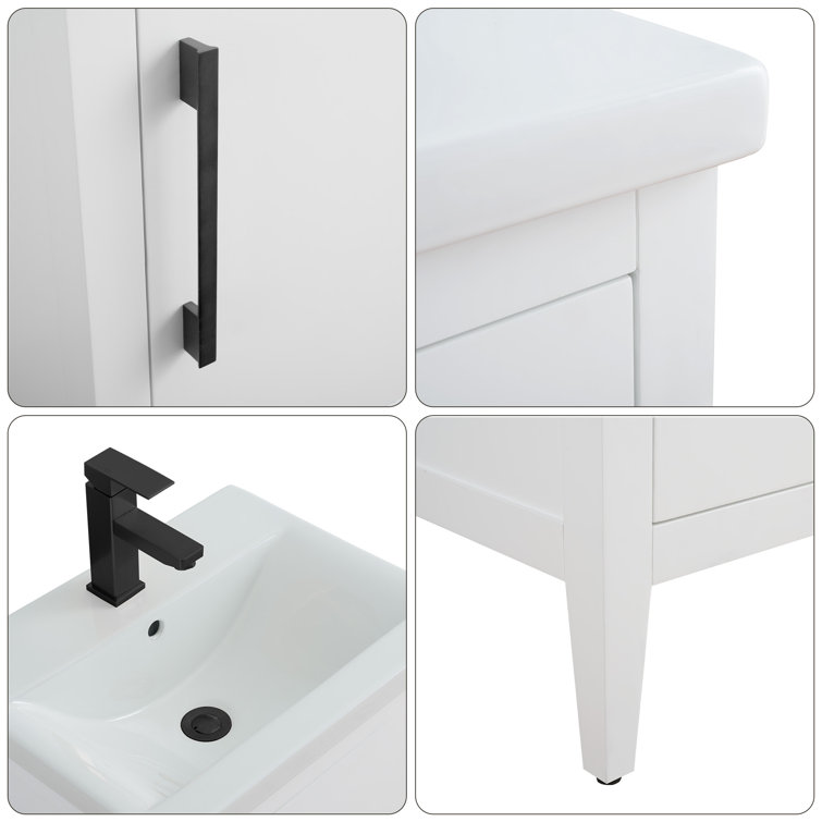 White and Matte Black Single Bathroom Vanity with Ceramic Top