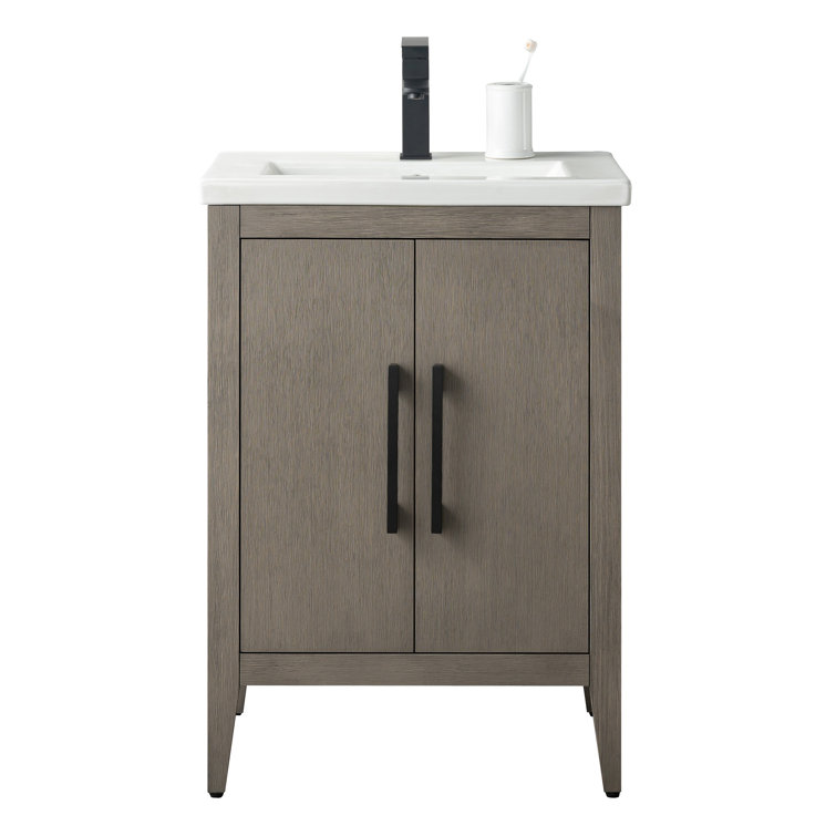 Driftwood Gray Poplar Wood Single Bathroom Vanity with White Ceramic Top