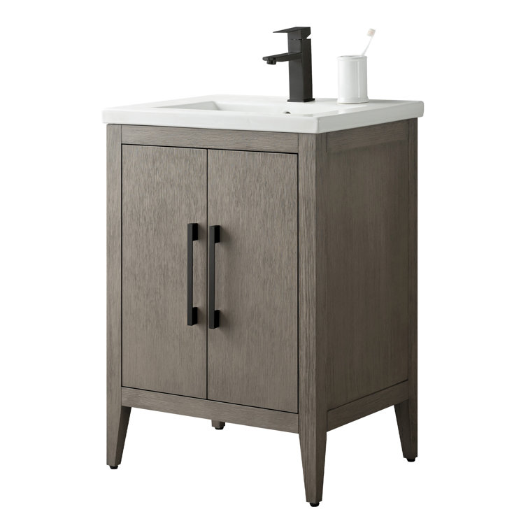 Driftwood Gray Poplar Wood Single Bathroom Vanity with White Ceramic Top