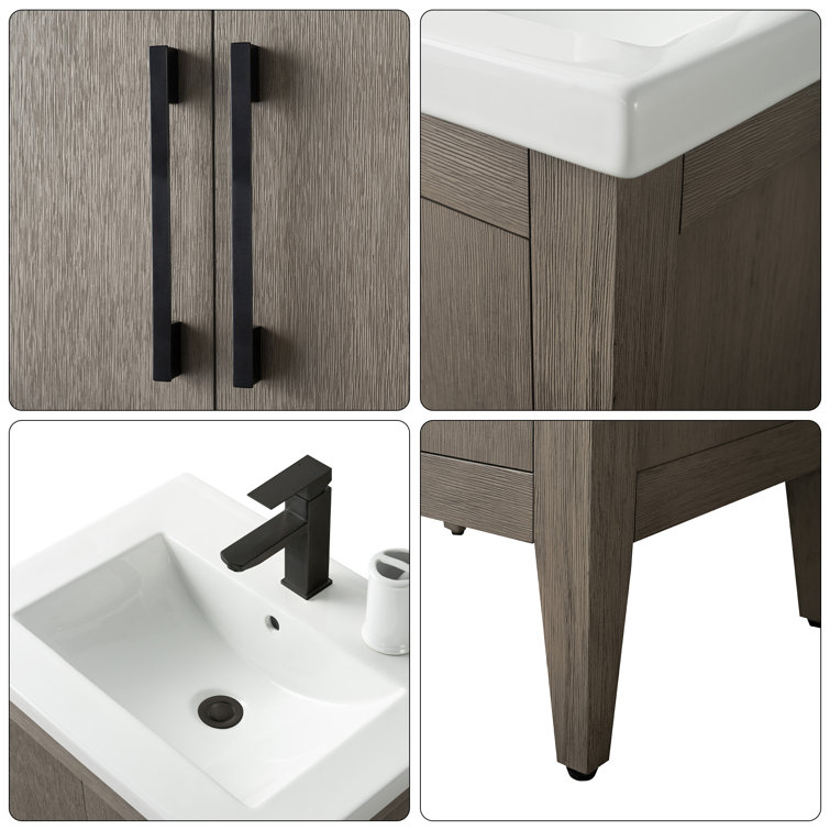 Driftwood Gray Poplar Wood Single Bathroom Vanity with White Ceramic Top