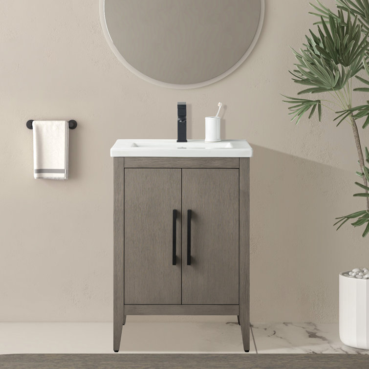 Driftwood Gray Poplar Wood Single Bathroom Vanity with White Ceramic Top
