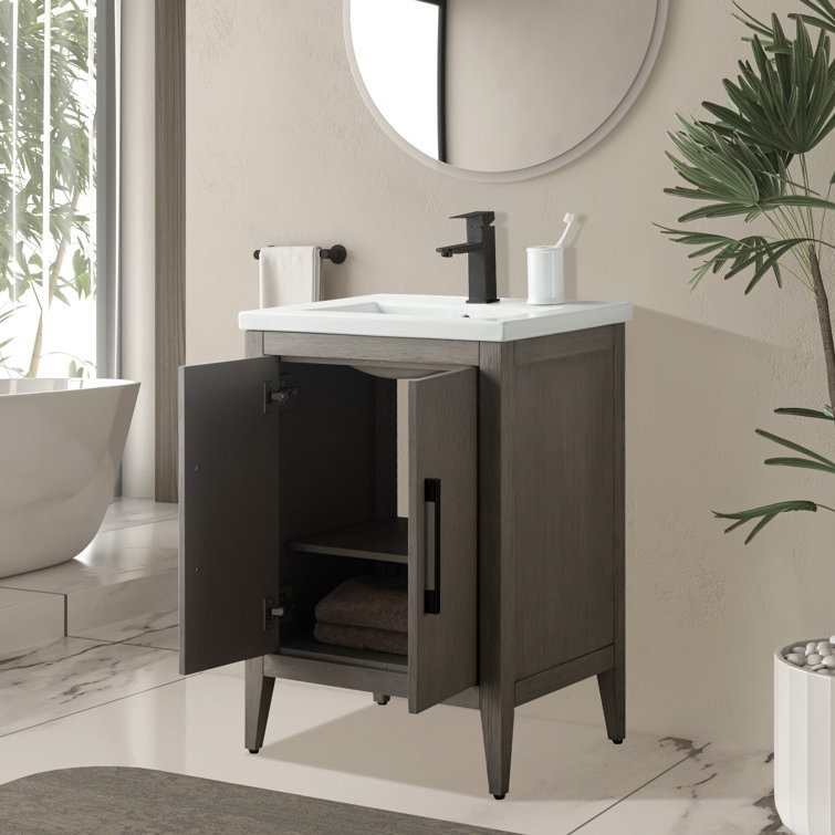 Driftwood Gray Poplar Wood Single Bathroom Vanity with White Ceramic Top