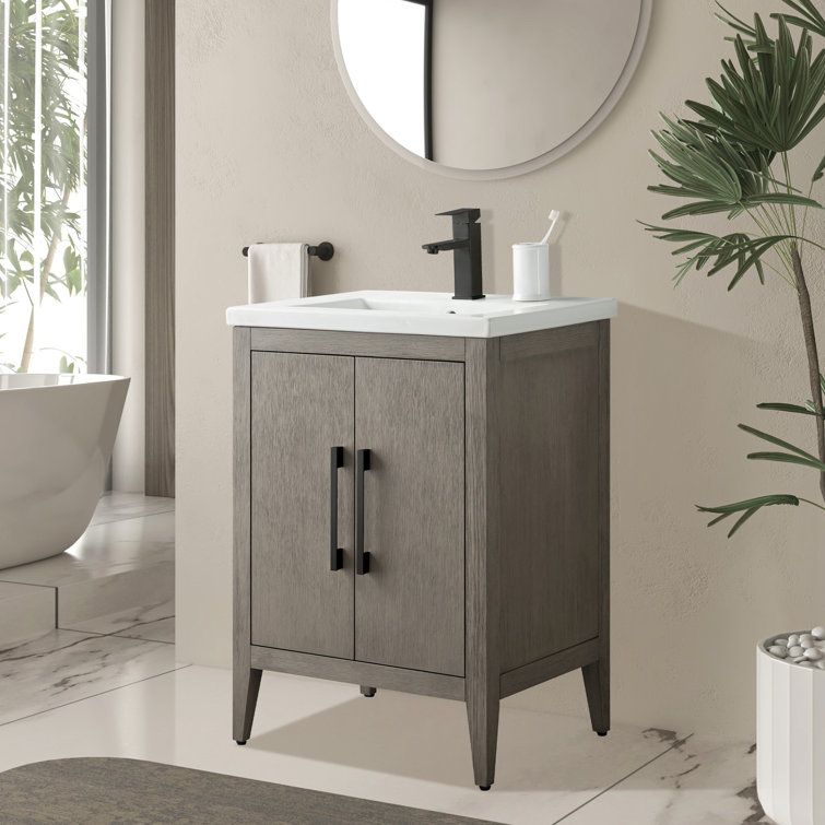 Driftwood Gray Poplar Wood Single Bathroom Vanity with White Ceramic Top