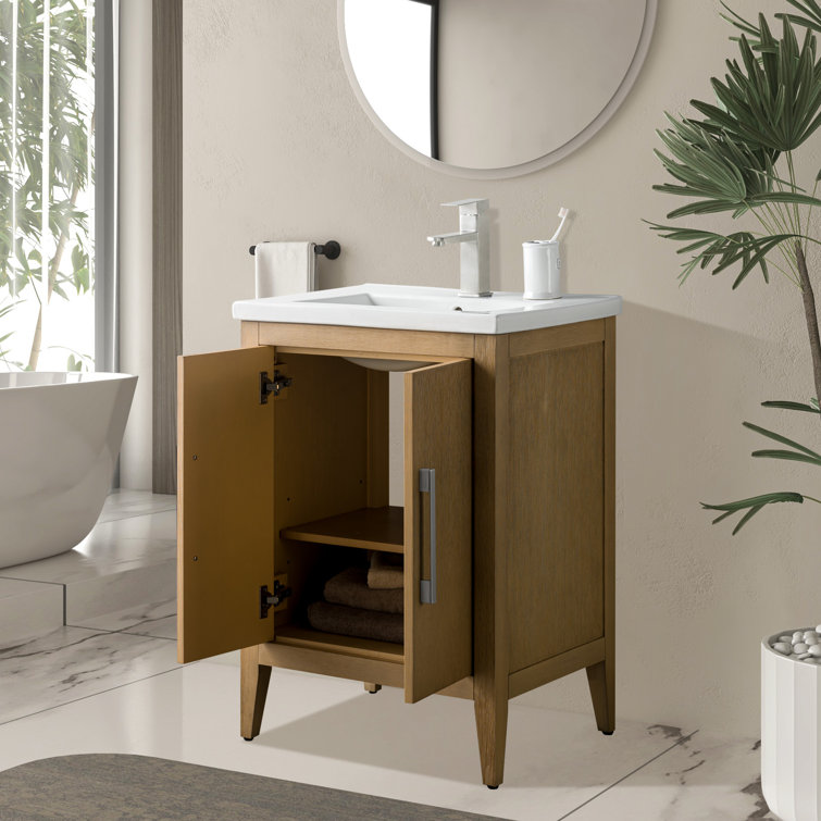 Natural Oak Single Sink Bathroom Vanity with Ceramic Top