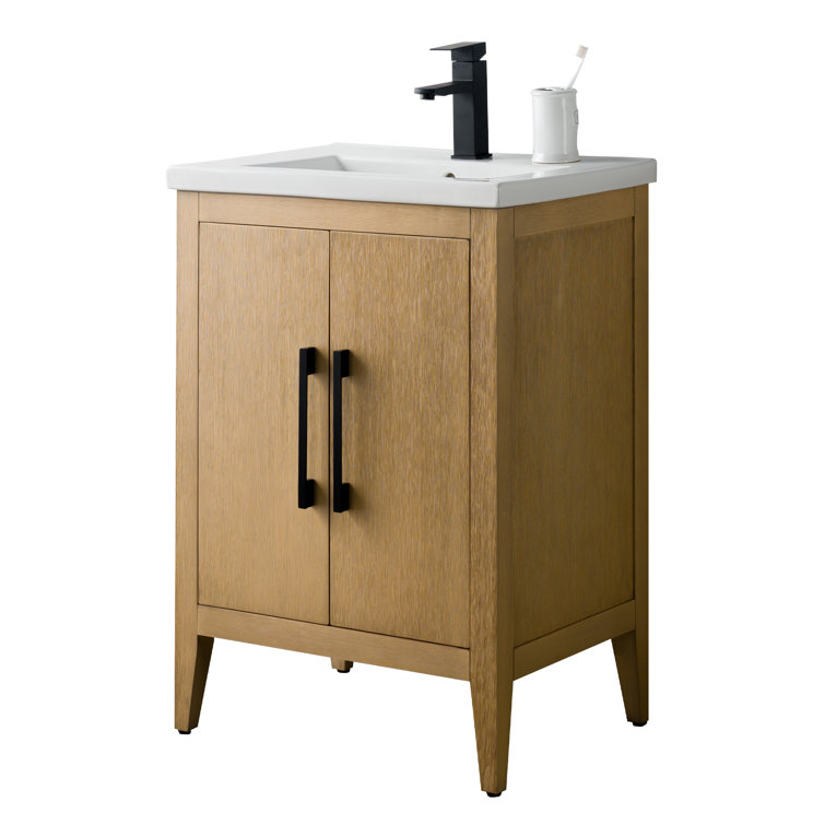 Natural Oak and Matte Black 24" Single Bathroom Vanity with Ceramic Top