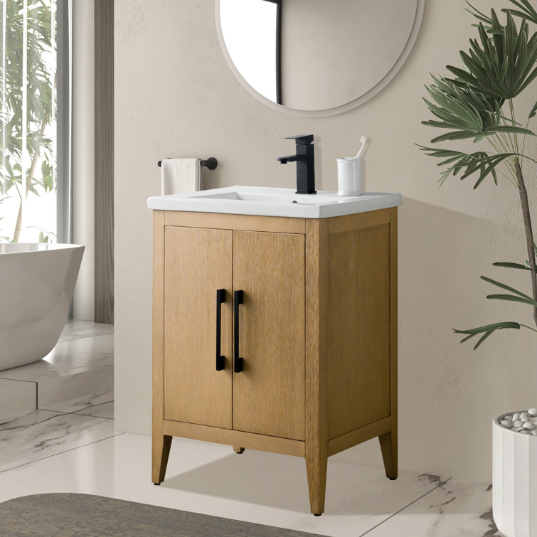 Natural Oak and Matte Black 24" Single Bathroom Vanity with Ceramic Top
