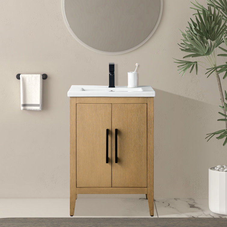Natural Oak and Matte Black 24" Single Bathroom Vanity with Ceramic Top