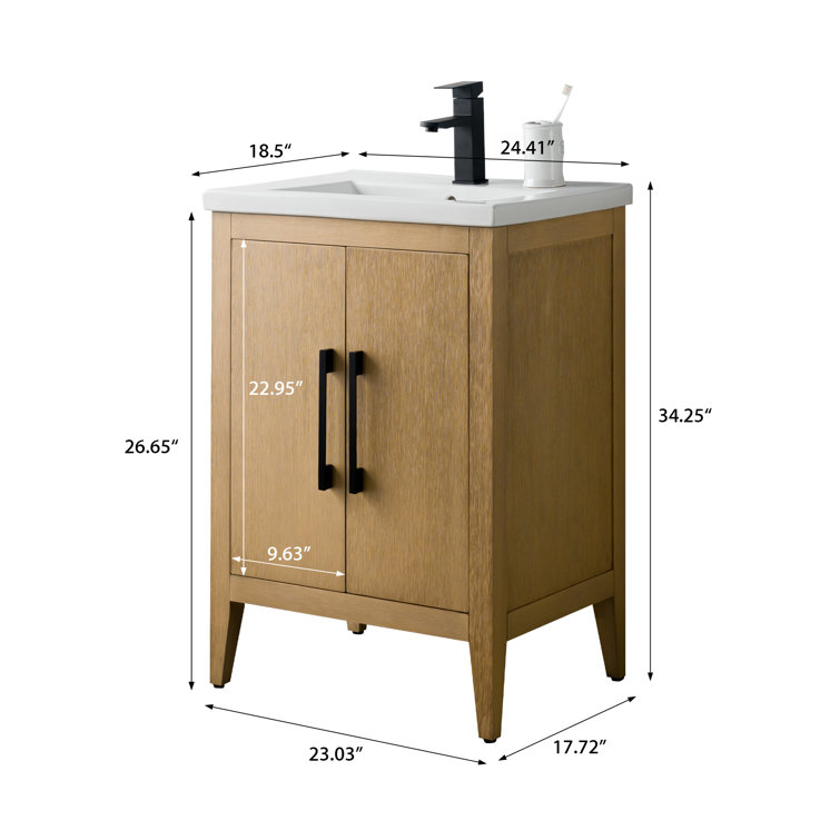 Natural Oak and Matte Black 24" Single Bathroom Vanity with Ceramic Top