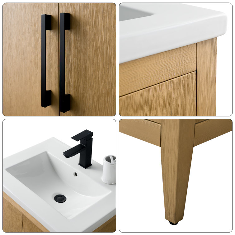 Natural Oak and Matte Black 24" Single Bathroom Vanity with Ceramic Top