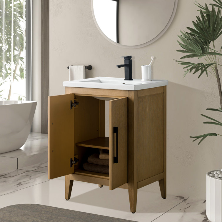 Natural Oak and Matte Black 24" Single Bathroom Vanity with Ceramic Top