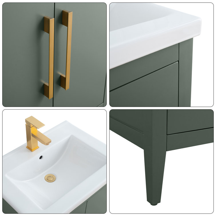 24" Vintage Green Single Sink Bathroom Vanity with Ceramic Top