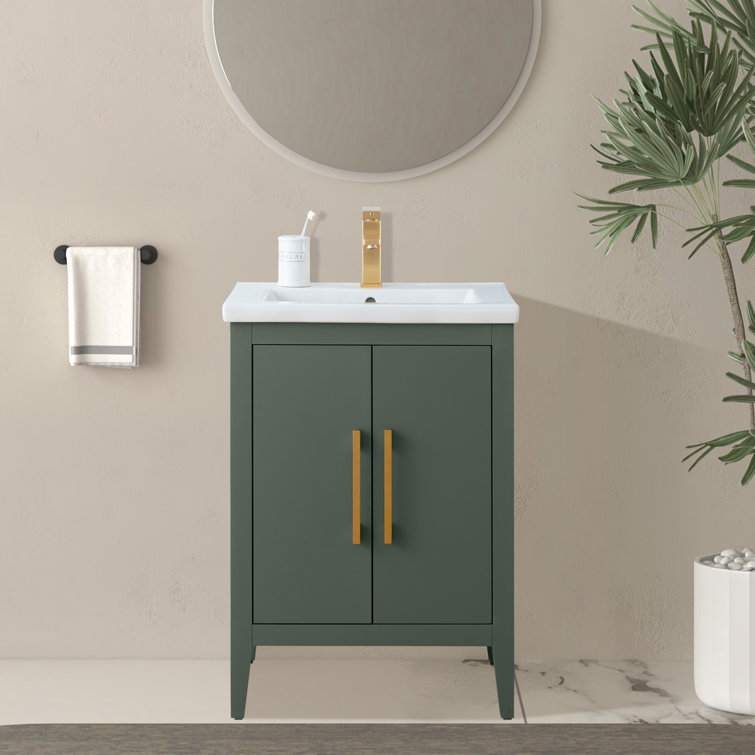 24" Vintage Green Single Sink Bathroom Vanity with Ceramic Top