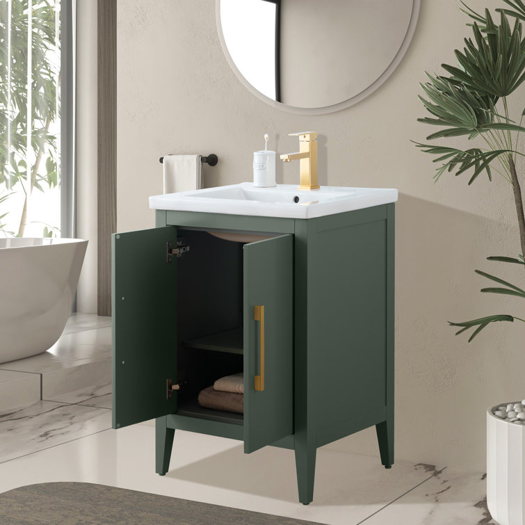 24" Vintage Green Single Sink Bathroom Vanity with Ceramic Top