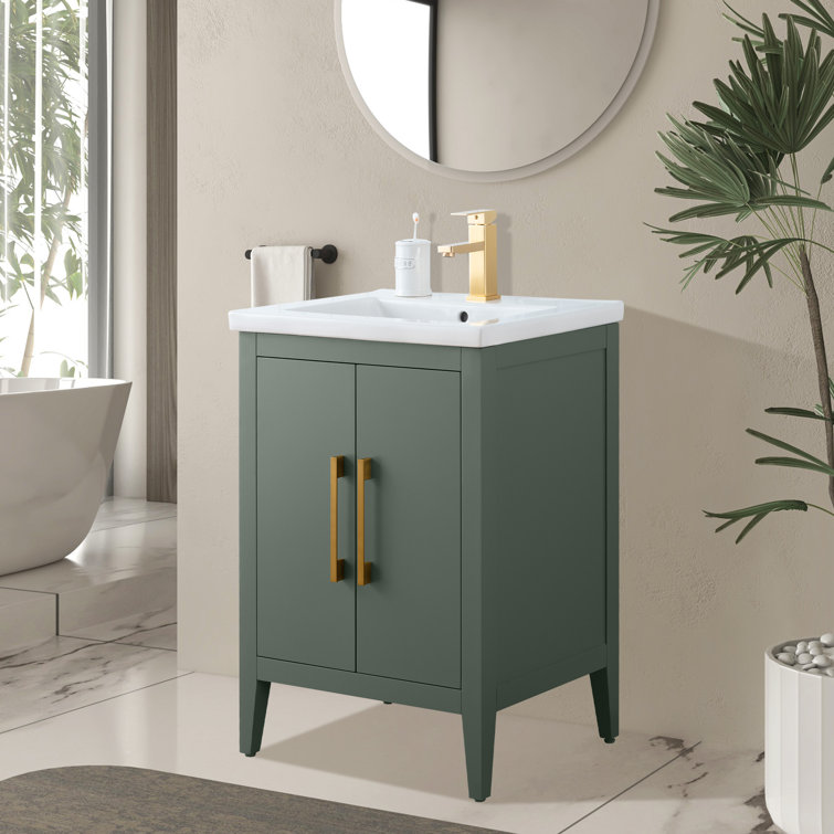 24" Vintage Green Single Sink Bathroom Vanity with Ceramic Top