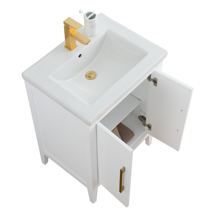 24" White Single Sink Bathroom Vanity with Gold Hardware