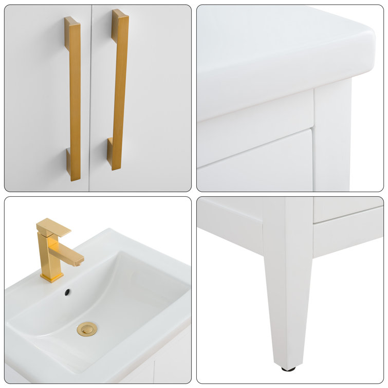 24" White Single Sink Bathroom Vanity with Gold Hardware