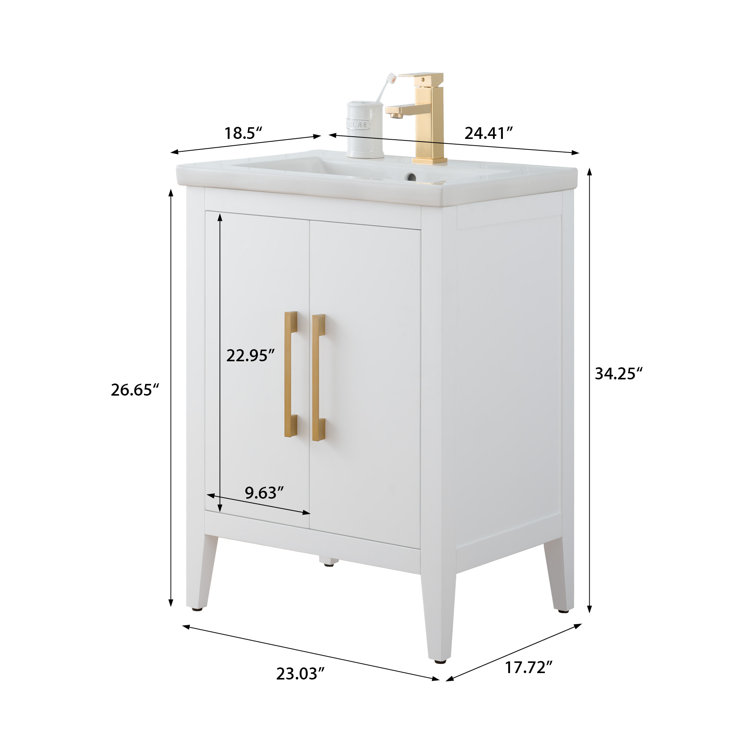 24" White Single Sink Bathroom Vanity with Gold Hardware