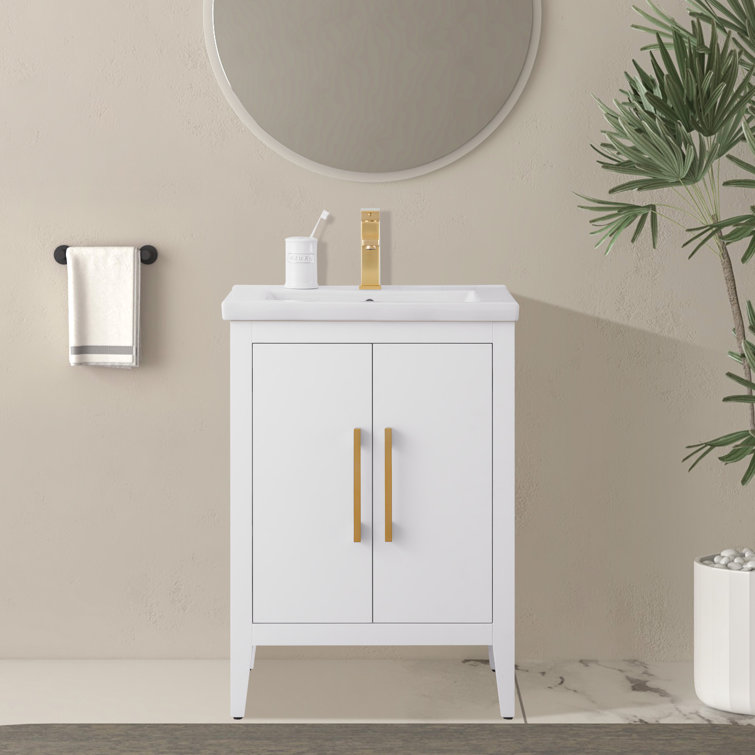 24" White Single Sink Bathroom Vanity with Gold Hardware