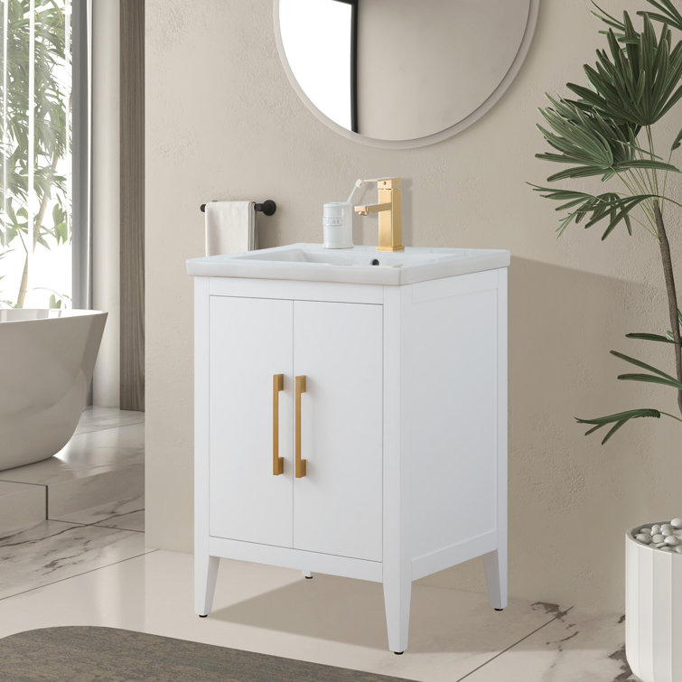 24" White Single Sink Bathroom Vanity with Gold Hardware