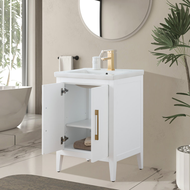 24" White Single Sink Bathroom Vanity with Gold Hardware