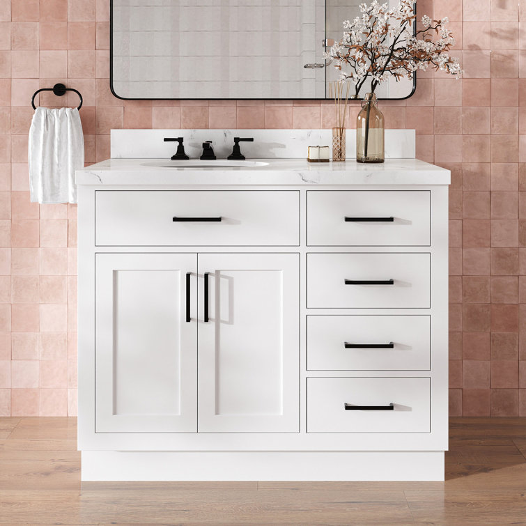 Sidmouth 42'' Solid Wood Single Bathroom Vanity with 1.5'' Carrara Quartz Top, Left Offset Oval Sink