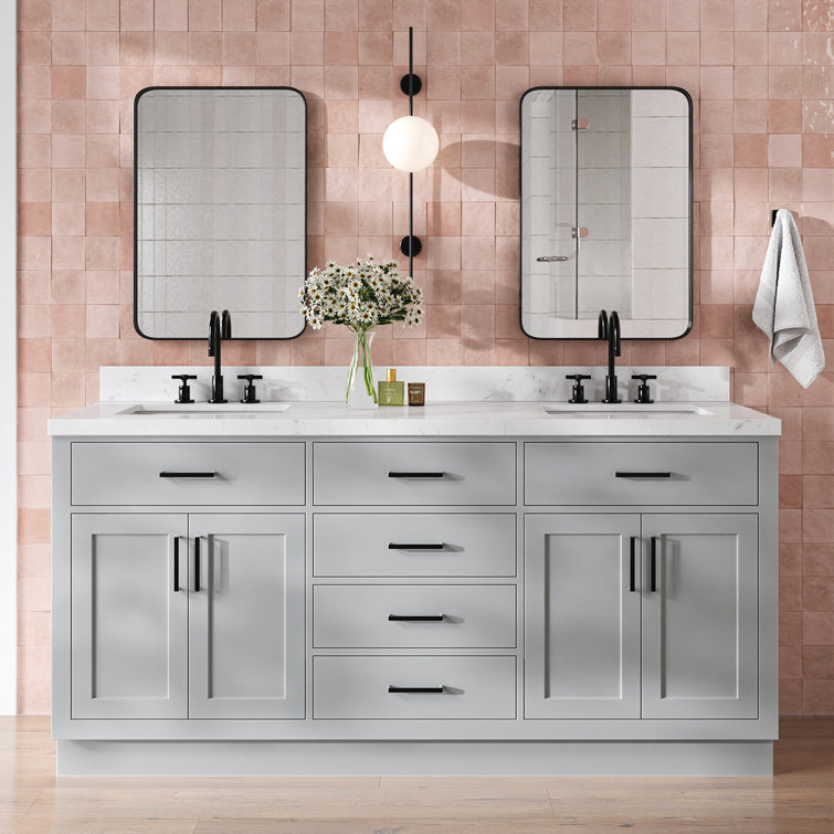 Gray Double Bathroom Vanity with Quartz Top and Storage