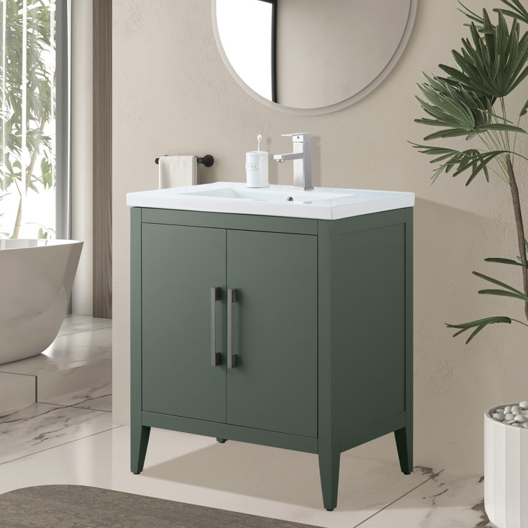 30" Vintage Green Single Sink Bathroom Vanity with Ceramic Top