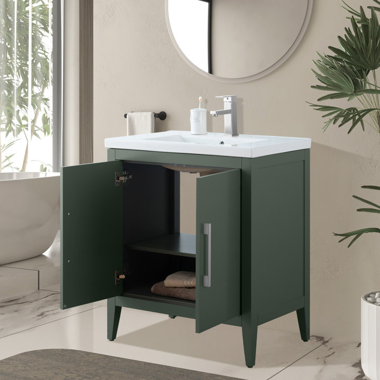 30" Vintage Green Single Sink Bathroom Vanity with Ceramic Top