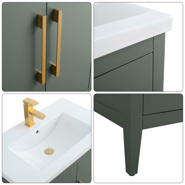 30" Vintage Green Single Sink Bathroom Vanity with Ceramic Top