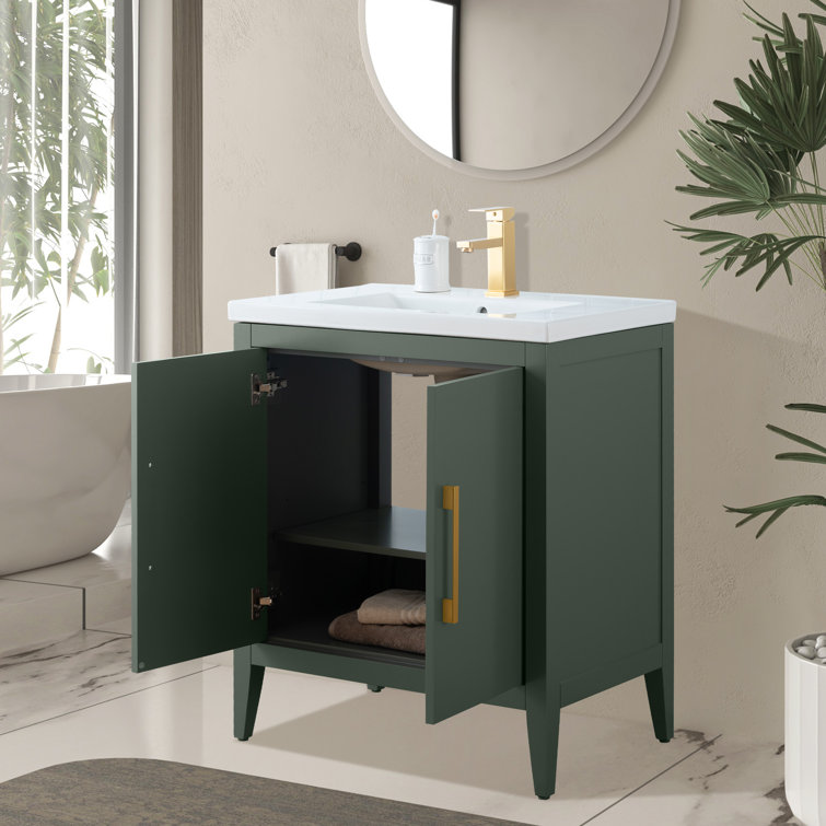 30" Vintage Green Single Sink Bathroom Vanity with Ceramic Top