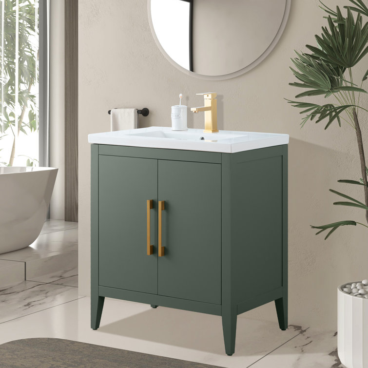 30" Vintage Green Single Sink Bathroom Vanity with Ceramic Top