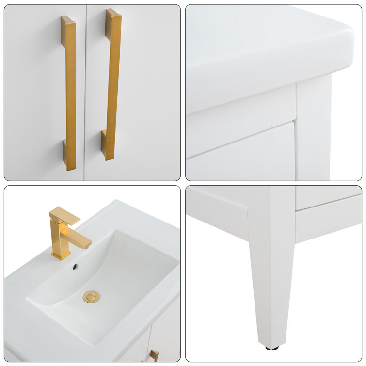 White Poplar Wood 30" Single Vanity with Golden Brushed Accents