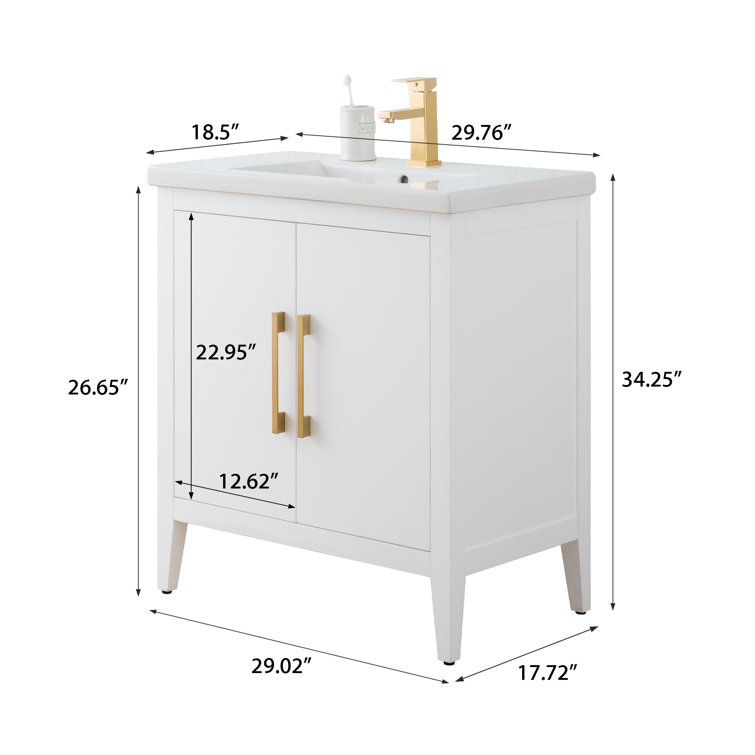 White Poplar Wood 30" Single Vanity with Golden Brushed Accents
