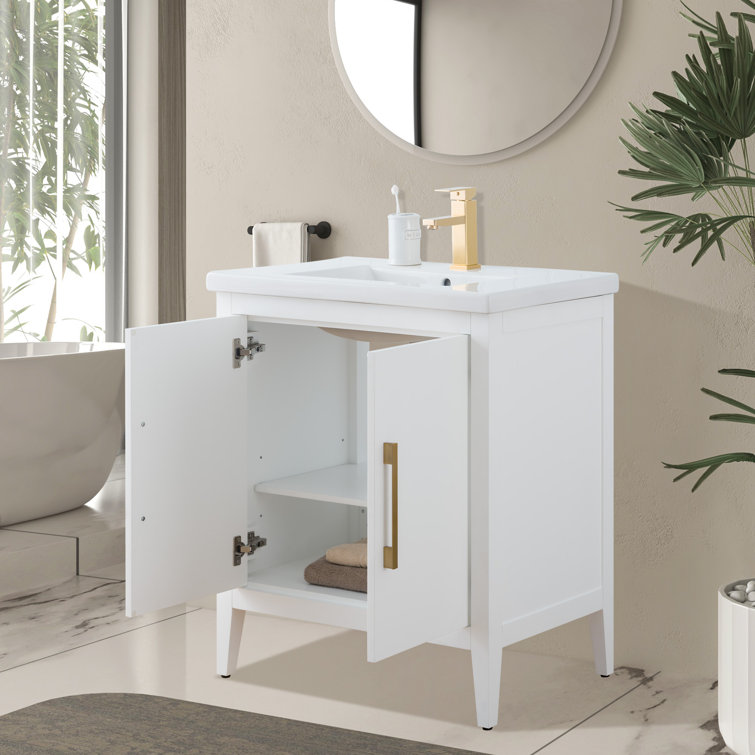 White Poplar Wood 30" Single Vanity with Golden Brushed Accents