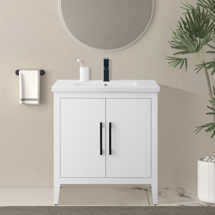 30" White Freestanding Bathroom Vanity with Ceramic Top