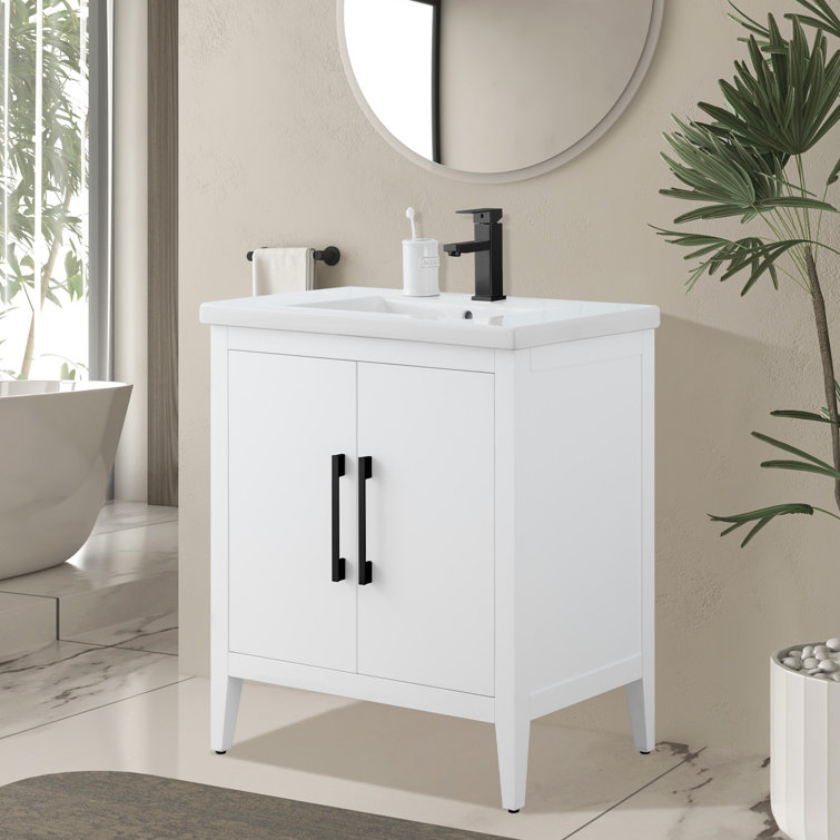 30" White Freestanding Bathroom Vanity with Ceramic Top