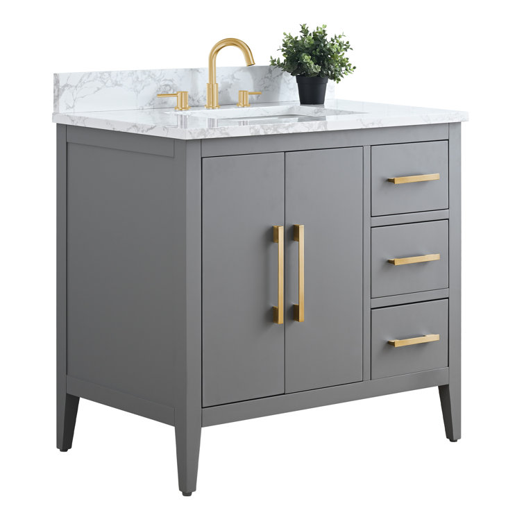 Cashmere Gray Poplar Wood Single Sink Bathroom Vanity with Engineered Marble Top