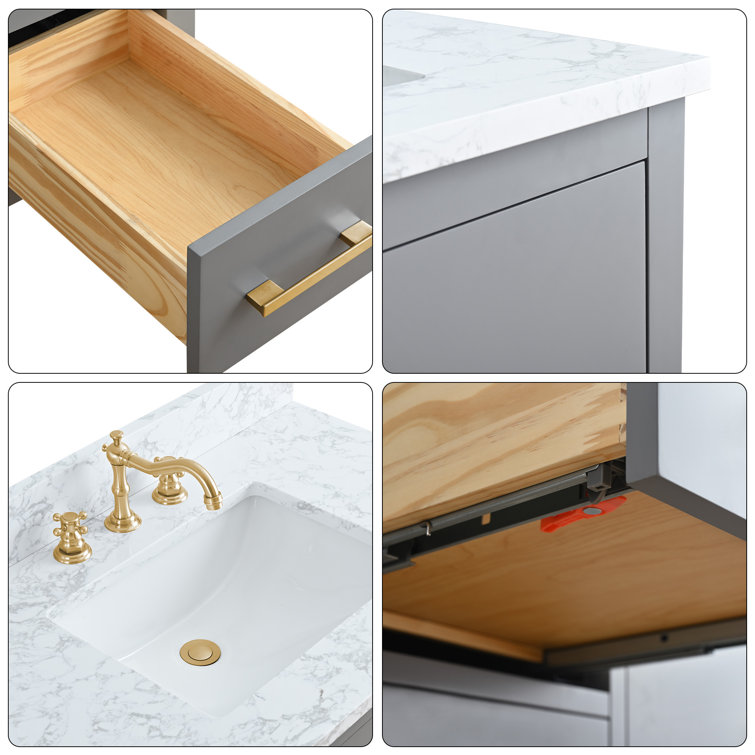 Cashmere Gray Poplar Wood Single Sink Bathroom Vanity with Engineered Marble Top