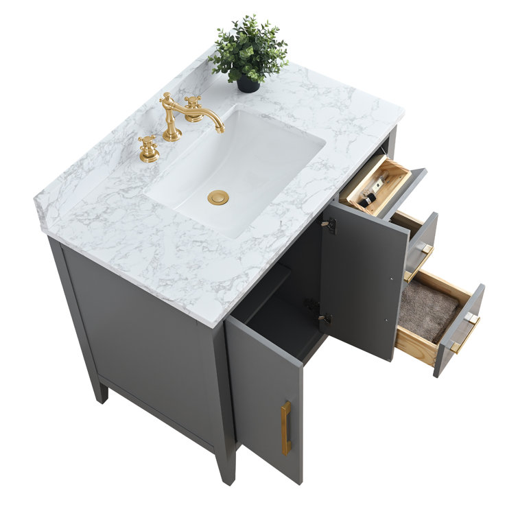 Cashmere Gray Poplar Wood Single Sink Bathroom Vanity with Engineered Marble Top