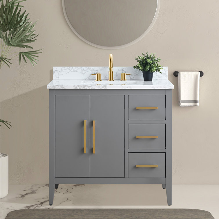 Cashmere Gray Poplar Wood Single Sink Bathroom Vanity with Engineered Marble Top