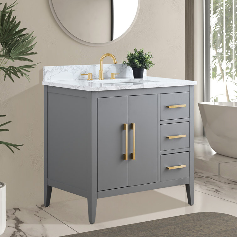 Cashmere Gray Poplar Wood Single Sink Bathroom Vanity with Engineered Marble Top